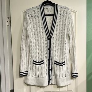 Chic White Cardigan with Navy Trim